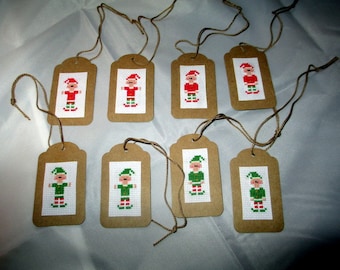 Cross stitch Elves Christmas Gift tags