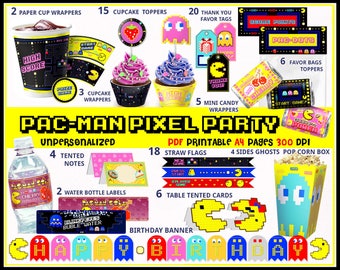 Pacman arcade games party printables, Pacman birthday, 80s party, Retro video games, Pacman banner, arcade birthday, pixels, party supplies
