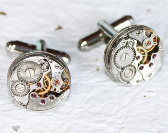 Fathers Day Gift Steampunk Cufflinks - Pinstripe Watch Movement Men Steampunk Cufflinks Watch Cuff link Men Wedding Gift Fathers Day Gift