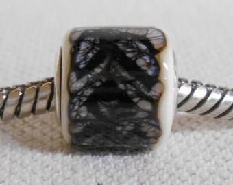 Handmade Lampwork Large Hole Bead Silver Cored Cylinder Ivory with Black Lace Design