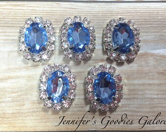 Light Blue Rhinestone Embellishment, SET of 5, 20x16mm, Blue Buttons, Rhinestone Flat Backs Buttons, Flower Center Embellishments