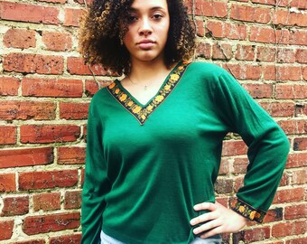 Unique pullover sweater with embroidered ribbon trim from 60s-70s