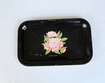 Vintage 1950s Black Rectangular Metal Tray with Pink Roses