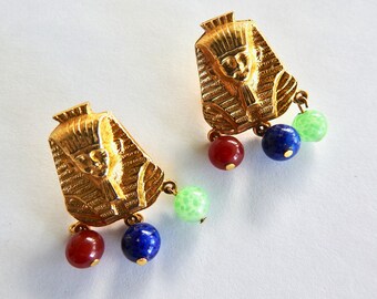 Mid Century Egyptian Revival Pharaoh Head Glass Beads Earrings