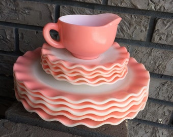Hazel Atlas Pink Crinoline Dinner Plates Saucers and Creamer