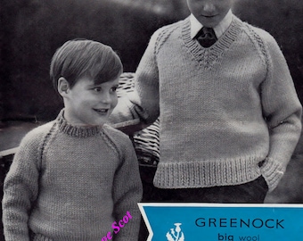 Boys Chunky / Bulky kint Jumpers 2 neck styles 24 - 34 ins - Greenock 831 - PDF of Vintage Knitting Patterns