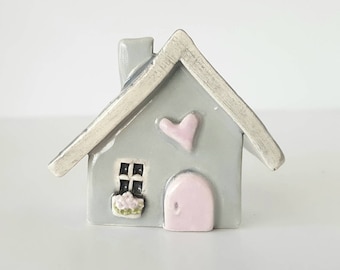 Light Gray House with Light Pink Door | Little Clay House Whimsical | Ceramic Fairy House Gnome Home | Whimsical Terrarium Decoration