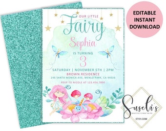 Fairy Birthday Invitate, Editable Invitations, Template Magical Fairies PDF Instant Download Diy Printable Birthday card, DIGITAL FILES BS68
