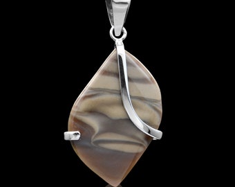 Cappuccino Striped Flint Leaf Drop Pendant Sterling Silver 925 Handmade