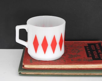 Fire King Red Diamonds Mug- Milk Glass