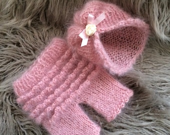 Newborn Girl Photo Prop ,Baby girl Shorts with Ruffles,Mohair Hat,Mohair shorts,Knitted baby shorts and hat