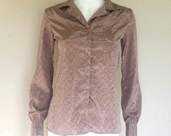 70s mauve print ladies button down long sleeve blouse 100% polyester/imitation silk feel Sz medium