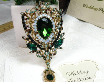 Vintage Style Pin Golden Tone Green Crystal Rhinestone Brooch Pin Dangle Flower Brooch Bridal Wedding Brooch Bouquet Brooch Bridesmaid Gift