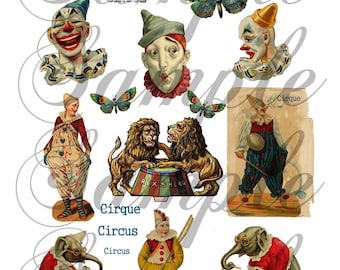 TiffanyJane-Circus-Clowns-Lions-ElePhanTs-Collage Sheet--Instant Download-for art tags embellishments paper art