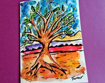 Tree of Life Art, Hand Painted Card, Jewish Gifts, Tree Art, Original Painting, Jewish Cards, Judaica Artwork, Spiritual Art, Handmade Card