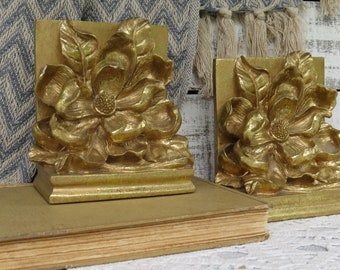 Vintage Magnolia Bookends - Decorative Bookends - Gold Magnolia Bookends - Southern Charm - Flower Bookends - Cottage Chic