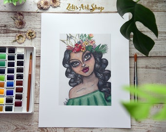 Tropical Princess-Watercolors, Pen, Marker, Mixed media, flower crown, Plumeria, tropical, whimsical