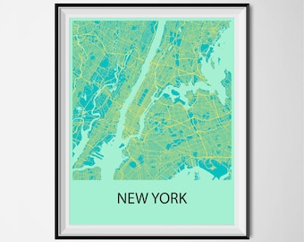 New York Map Poster Print - Blue and Yellow