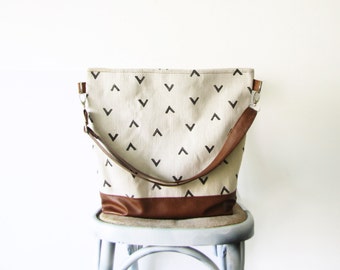 Geometry Hobo Bag Crossbody Bag, Canvas and vegan Leather, Hand printed bag, Large Bag, Casual