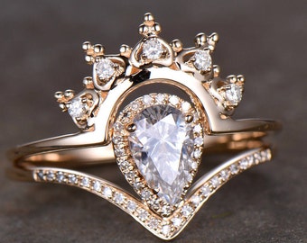 Crown Ring Set CZ Princess Crown Ring Queen Ring 5x8mm Pear Cut Engagement Ring Curve Wedding Band V Ring Bridal Set Siver Yellow Gold Plate