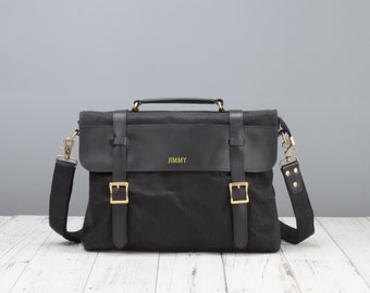 Personalised waxed canvas and leather messenger bag in black