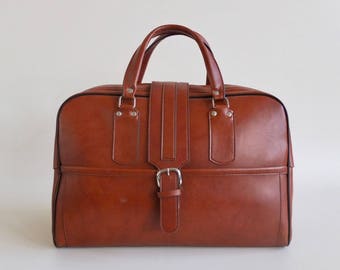 Vintage Luggage Bag / Retro Weekender Handbag / 60s - 70s Europe / Brown Faux Leather