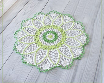 Crochet doily in white and green tones, lace crochet doily 14,56" , green doily