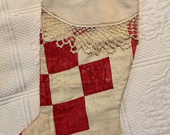 Antique quilt Christmas stocking with antique lace