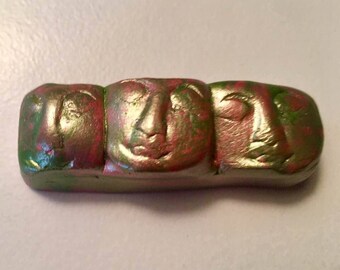 clay face OOAK green pink patina Handmade woman mask faces jewelry craft supplies handmade face polymer scalloped