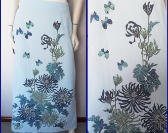Vtg.60/70s Blue Miss Shaheen Hawaii Floral Butterfly Print Maxi Skirt.M.Waist 30.