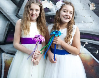 Felt Flower and Button Flower Girl Wand - Blue and Turquoise Custom Colours