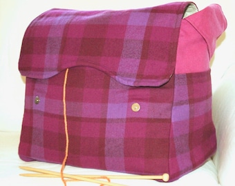 Purple plaid, Knitting Bag, Snag-Free, Zipper-less, Yarn Dispenser, Pro-knitter bag, handbag, yarn storage, crocheting tote, Knit on the go