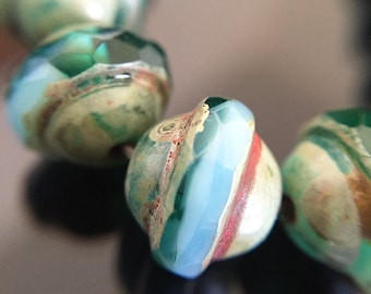 Green and Turquoise Glass Saturn Beads, Blue and Green Czech Glass Flying Saucer Beads, UFO beads with Picasso, 8x10mm - 10 beads (SAT-05)