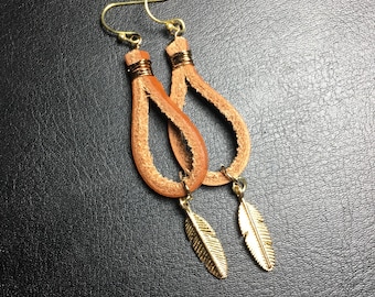 Long earrings, leather earrings, feather earrings