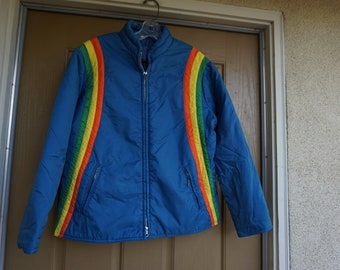 Vintage 1970s blue ski jacket with rainbow size L Large 70s Metal zipper