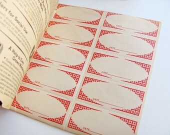 Vintage 1940s Canning LABELS Booklet 10 Pages Approximately 94 Gummed Pickling Preserving Jellies Paper Red Quilted Design FREE SHIPPING
