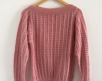 Vintage 1970s/80s Dusty Rose Boatneck Knitted Pullover Sweater - Size Medium