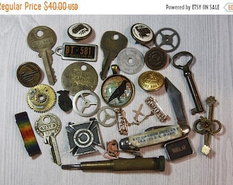 ON SALE Vintage Assemblage Lot- MILITARIA Hardware Buttons Findings- Crow- Mother of Pearl Knife- Brass Tags- Watch Parts Found Object Lot