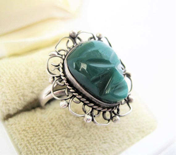Sterling Tribal Face Ring, 925 Carved Green Onyx, Size 6, Aztec Jewelry