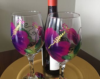 Vintage Hand Painted Wine Goblets Floral Set/2