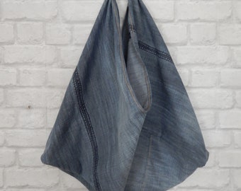 Zero Waste Shopping Bag Triangle Bag Recycled Denim and Leather