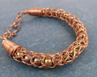Nestled pearls 'knitted' wire bracelet, copper, woven