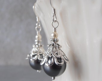 Grey Pearl Earrings Pearl Bridesmaid Earrings Beaded Wedding Jewelry Swarovski Pearl Jewelry Grey Wedding Dark Gray Bridesmaid Jewelry Gift