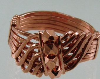 Handcrafted Copper Wire Wrapped Wave Ring with Copper Hex Beads - Any Size