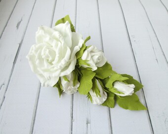 White Rose Hair Clip - Formal Flowers Wedding Side Hair Piece - Designer White Wedding Hair Accessories - Prom White Flowers Handmade Hair