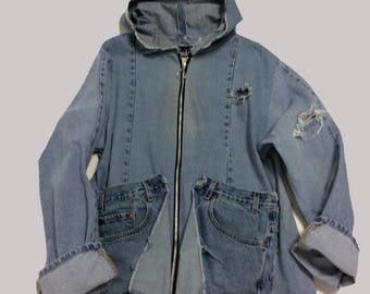 Handmade Raw Destroyed Weathered Denim Hoodie XL