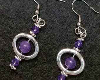 Amethyst gemstone floating earrings in Silver oval with purple crystal accents