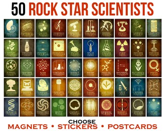 50 Science Postcards, Magnets, or Stickers. Steampunk Rock Star Scientist Illustration, Scientific Teacher Gift, Inspirational & Educational