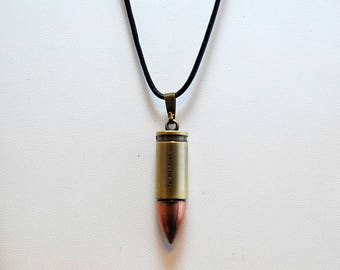 Bullet Necklace with Short Bullet and Leather Cord, mens necklace, biker jewelry, simple necklace, bullet jewelry