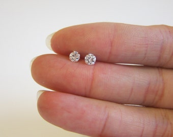 4mm CZ diamond Stud Earrings, silver stud earrings, Cartilage Earring, tiny stud earrings, Bridesmaid Gift, dainty earrings, fake diamond